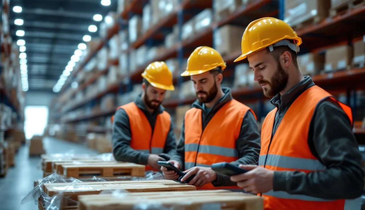 Équipe de caristes roumains préparant des commandes dans un entrepôt français