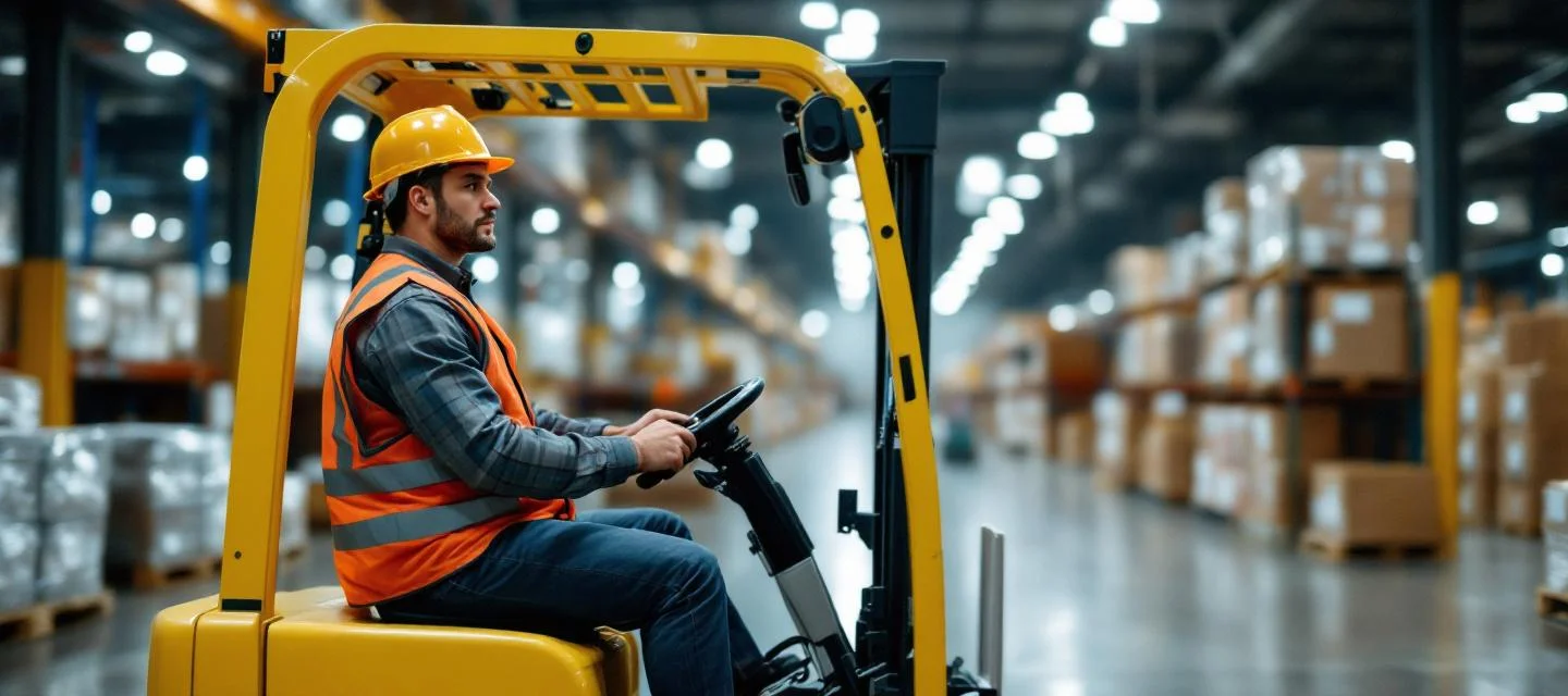 Cariste roumain conduisant un chariot élévateur dans un entrepôt logistique français