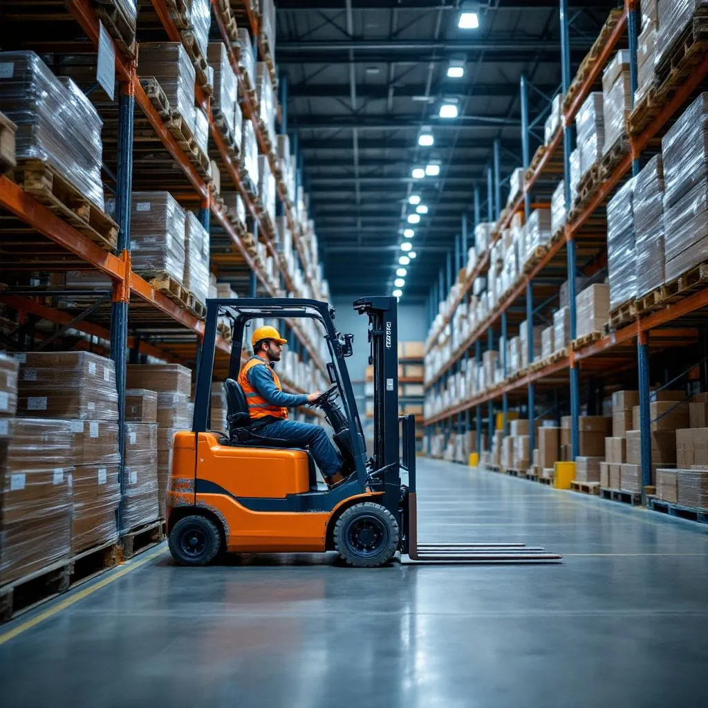 Cariste roumain en intérim dans un entrepôt logistique français